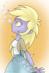 Size: 730x1095 | Tagged: safe, artist:lavenderrain24, imported from derpibooru, derpy hooves, equestria girls, bubble, clothes, female, skirt, solo