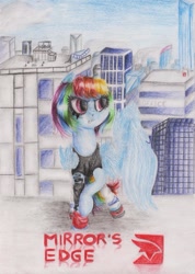 Size: 747x1049 | Tagged: safe, artist:rinioshi, imported from derpibooru, rainbow dash, pegasus, pony, city, clothes, crossover, faith connors, female, mare, mirror's edge, rooftop, solo, traditional art