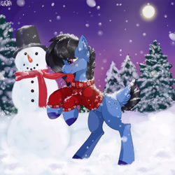 Size: 3000x3000 | Tagged: safe, artist:kuroran, imported from derpibooru, oc, oc only, pony, clothes, moon, rcf community, scarf, snow, snowman, solo, tree, winter