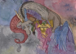 Size: 1000x711 | Tagged: safe, artist:rinioshi, imported from derpibooru, discord, fluttershy, draconequus, pony, dead, decapitated, female, floral head wreath, flower, implied murder, male, mare, severed head, solo, traditional art