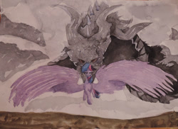 Size: 1000x727 | Tagged: safe, artist:rinioshi, imported from derpibooru, twilight sparkle, twilight sparkle (alicorn), alicorn, dragon, pony, female, large wings, looking at you, mare, skyrim, the elder scrolls, traditional art, wings
