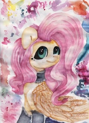 Size: 821x1131 | Tagged: safe, artist:rinioshi, imported from derpibooru, fluttershy, pegasus, pony, choker, clothes, female, looking at you, mare, smiling, socks, solo, traditional art