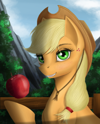 Size: 2610x3239 | Tagged: safe, artist:dezdark, imported from derpibooru, applejack, earth pony, pony, apple, cowboy hat, female, food, grin, hat, mare, smiling, solo, stetson