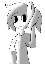 Size: 1000x1414 | Tagged: safe, artist:vinylmelody, imported from derpibooru, oc, oc only, anthro, arm behind head, grayscale, monochrome, simple background, solo, transparent background