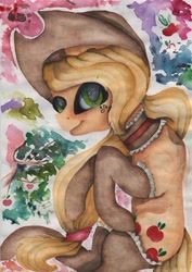 Size: 1212x1711 | Tagged: safe, artist:rinioshi, imported from derpibooru, applejack, earth pony, pony, choker, clothes, eyeshadow, female, hat, looking at you, makeup, mare, smiling, socks, solo, traditional art