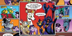 Size: 1039x524 | Tagged: safe, artist:andypriceart, idw, imported from derpibooru, abyssinian king, abyssinian queen, cave troll jim, iron will, king aspen, king longhorn, queen chrysalis, seabreeze, twilight sparkle, abyssinian, alicorn, bat pony, breezie, bull, deer, parrot, parrot pirates, pony, my little pony: the movie, spoiler:comic, spoiler:comic61, blood, comic, cowboy hat, crackers, cropped, doe, female, food, hat, mare, meta, official comic, pirate, speech bubble, stag, troll, troll (fantasy), twilight sparkle (alicorn)