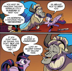 Size: 614x605 | Tagged: safe, artist:andypriceart, idw, imported from derpibooru, horwitz, twilight sparkle, alicorn, pony, yak, spoiler:comic, spoiler:comic61, comic, cropped, duo, female, glasses, hoofshake, male, mare, official comic, orange background, simple background, speech bubble, twilight sparkle (alicorn)