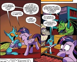 Size: 1041x832 | Tagged: safe, artist:andypriceart, idw, imported from derpibooru, blacktip, horwitz, twilight sparkle, urtica, alicorn, changedling, changeling, dragon, pony, yak, spoiler:comic, spoiler:comic61, book, comic, cropped, female, floppy ears, library, male, mare, official comic, orange background, simple background, speech bubble, stuttering, twilight sparkle (alicorn)