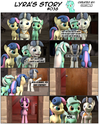 Size: 3928x4916 | Tagged: safe, artist:goatcanon, imported from derpibooru, bon bon, lyra heartstrings, party favor, starlight glimmer, sweetie drops, comic:lyra's story, 3d, comic, dialogue, equal town, our town, source filmmaker, starlight's village