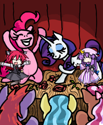 Size: 728x882 | Tagged: safe, artist:gingerfoxy, edit, imported from derpibooru, pinkie pie, rarity, earth pony, pony, unicorn, pony comic generator, female, flower, koakuma, mare, patchouli knowledge, rose, stage, touhou