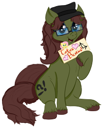 Size: 2656x3272 | Tagged: safe, artist:kayosdrive, imported from derpibooru, fluttershy, oc, oc only, oc:kay, earth pony, pony, 2018 community collab, derpibooru community collaboration, cutie mark, flower, glasses, hat, jewelry, key, looking at you, male, plushie, sign, simple background, sitting, smiling, solo, transparent background, unshorn fetlocks