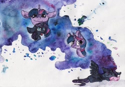 Size: 1141x800 | Tagged: safe, artist:rinioshi, imported from derpibooru, twilight sparkle, oc, oc:nyx, alicorn, pony, unicorn, alicorn oc, dream, female, mare, sleeping, traditional art