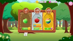 Size: 960x540 | Tagged: safe, imported from derpibooru, truffle shuffle, pony, apple, apple tree, bits, colt, expensive, flower, food, game screencap, gameloft, gem, green apple, male, red apple, sweet apple acres, tree, zap apple