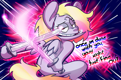 Size: 1280x852 | Tagged: safe, artist:extradan, imported from derpibooru, derpy hooves, oc, oc only, oc:jerky hooves, pegasus, pony, katana, sword, tumblr, weapon