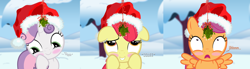 Size: 2954x812 | Tagged: safe, artist:shutterflyeqd, deleted from derpibooru, edit, imported from derpibooru, part of a set, apple bloom, scootaloo, sweetie belle, adorabloom, blushing, christmas, cute, cutealoo, cutie mark crusaders, diasweetes, giggling, hat, holiday, holly, holly mistaken for mistletoe, mistleholly, mistletoe, santa hat, snow, solo, spread wings, squee, varying degrees of want, wide eyes, wingboner, wings