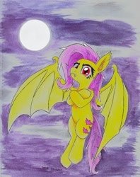 Size: 794x1005 | Tagged: safe, artist:astevenamedwolf, imported from derpibooru, fluttershy, bat pony, pony, bat wings, crossed hooves, ear fluff, fangs, female, flutterbat, full moon, looking at you, mare, midair, moon, night, race swap, red eyes, solo, spread wings, traditional art, wings