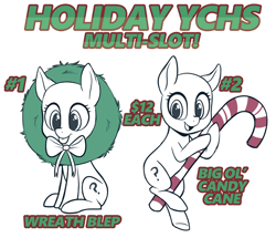 Size: 850x730 | Tagged: safe, artist:higgly-chan, imported from derpibooru, advertisement, bow, candy, candy cane, chibi, christmas, commission, food, holiday, tongue out, wreath, your character here