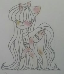 Size: 667x768 | Tagged: safe, artist:cactus-control, imported from derpibooru, oc, oc only, oc:lia lanful, alicorn, alicorn oc, medallion, monochrome, shy, smiling, traditional art