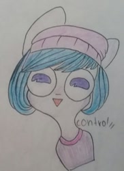 Size: 558x768 | Tagged: safe, artist:cactus-control, imported from derpibooru, oc, oc only, big eyes, blue hair, clothes, hat, looking at you, shirt, simple background, traditional art, white background