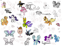 Size: 2000x1500 | Tagged: safe, artist:tuppkam1, imported from derpibooru, applejack, pinkie pie, princess cadance, princess luna, soarin', starlight glimmer, thorax, trixie, oc, oc:synthesia, changedling, changeling, eevee, pony, angry, claw, corn, food, king thorax, magic, pokémon, ponified, prehensile mane, sketch, sketch dump