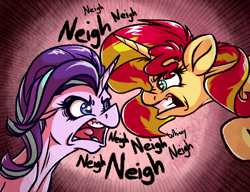 Size: 1024x788 | Tagged: safe, artist:witchtaunter, imported from derpibooru, starlight glimmer, sunset shimmer, pony, unicorn, angry, bust, duo, female, horse noises, horses doing horse things, looking at each other, mare, neigh, open mouth, out of character, rageset shimmer, that pony sure have anger issues