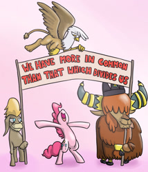 Size: 1200x1400 | Tagged: safe, artist:timsplosion, imported from derpibooru, cranky doodle donkey, gilda, pinkie pie, prince rutherford, donkey, earth pony, griffon, pony, yak, banner, cloven hooves, crown, female, horn ring, jewelry, male, mare, pink background, positive ponies, regalia, simple background, wholesome