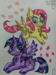 Size: 834x1115 | Tagged: safe, artist:shelby100, imported from derpibooru, fluttershy, twilight sparkle, alicorn, pony, duo, female, lesbian, shipping, traditional art, twilight sparkle (alicorn), twishy