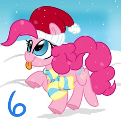 Size: 2000x2000 | Tagged: safe, artist:jen-neigh, imported from derpibooru, pinkie pie, earth pony, pony, :p, christmas, clothes, female, hat, holiday, looking up, mare, santa hat, scarf, smiling, snow, snowfall, solo, tongue out