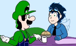 Size: 1158x700 | Tagged: safe, artist:zer0cute, imported from derpibooru, soarin', human, crossover, food, humanized, luigi, pie, super mario bros.