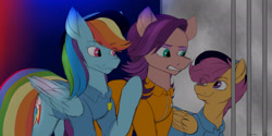Size: 2100x1048 | Tagged: safe, artist:ggchristian, imported from derpibooru, rainbow dash, scootaloo, spoiled rich, pony, clothes, female, filly, mare, prison outfit
