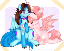 Size: 1173x933 | Tagged: safe, artist:clefficia, imported from derpibooru, oc, oc only, alicorn, bat pony, bat pony alicorn, dracony, hybrid, pony, bat pony oc, collar, female, lesbian, oc x oc, shipping, smiling, spiked collar, unshorn fetlocks