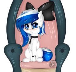 Size: 2000x1900 | Tagged: safe, artist:grayworldcorporation, imported from derpibooru, oc, oc only, oc:diamond shine, pegasus, pony, blushing, bow, chair, eye twitch, female, hair bow, hesitant, looking at you, mare, necktie, simple background, sitting, solo, watch, white background
