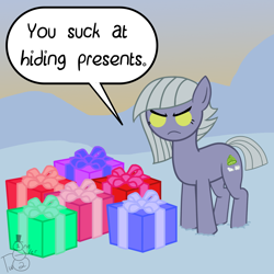 Size: 1500x1500 | Tagged: safe, artist:oneovertwo, imported from derpibooru, limestone pie, earth pony, pony, angry, dialogue, empty eyes, female, mare, present, snow, solo