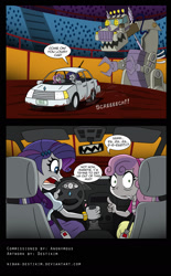 Size: 1000x1609 | Tagged: safe, artist:niban-destikim, imported from derpibooru, rarity, sweetie belle, robot, equestria girls, car, clothes, comic, crossover, female, looking back, monster truck rally, mud, parody, robosaurus, seatbelt, simpsons did it, sisters, the simpsons, this will not end well, truckasaurus, worried