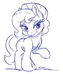 Size: 422x500 | Tagged: safe, artist:dilarus, deleted from derpibooru, imported from derpibooru, oc, oc only, oc:brownie bun, earth pony, pony, beanbrows, eyebrows, female, looking at you, mare, monochrome, pearl, raised hoof, signature, simple background, smiling, solo, white background