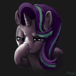 Size: 2500x2500 | Tagged: safe, artist:bigrigs, imported from derpibooru, starlight glimmer, pony, unicorn, 3d, boop, dark, dark background, ear fluff, exploitable meme, female, glimmerposting, gray background, high res, mare, meme, nose wrinkle, self-boop, signature, simple background, solo