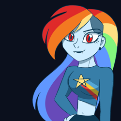 Size: 1920x1920 | Tagged: safe, artist:mlp-firefox5013, imported from derpibooru, rainbow dash, vampire, equestria girls, belly button, black background, clothes, female, looking at you, midriff, red eyes, simple background, solo