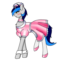 Size: 1000x1000 | Tagged: safe, artist:cappie, artist:coldlypainter, artist:riariirii2, imported from derpibooru, oc, oc only, oc:cappie, pony, blushing, clothes, collaboration, crossdressing, maid, male, satin, shiny, shoes, silk, simple background, sissy, solo, stallion, transparent background, uniform