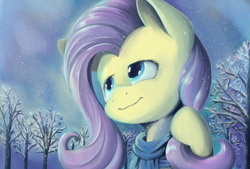 Size: 2039x1378 | Tagged: safe, artist:pexpy, imported from derpibooru, fluttershy, pegasus, pony, bust, clothes, female, looking away, looking up, mare, portrait, scarf, smiling, snow, snowfall, solo, tree, winter, wintershy