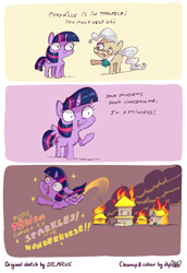 Size: 1280x1864 | Tagged: safe, artist:dilarus, artist:dsp2003, deleted from derpibooru, imported from derpibooru, mayor mare, twilight sparkle, alicorn, pony, sparkles! the wonder horse!, chibi, collaboration, colored, comic, dialogue, female, fire, flying, glasses, mare, open mouth, parody, ponyville, raised hoof, sketch, smiling, twibitch sparkle, twilight sparkle (alicorn)