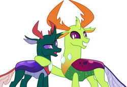 Size: 1009x689 | Tagged: safe, artist:kirbymlp, imported from derpibooru, pharynx, thorax, changedling, changeling, to change a changeling, brotherhood, brotherly love, brothers, changedling brothers, family, king thorax, male, prince pharynx, raised eyebrow, sibling, sibling love, siblings, simple background, smiling, white background