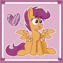 Size: 2800x2800 | Tagged: safe, artist:pink-pone, imported from derpibooru, scootaloo, pegasus, pony, chest fluff, female, filly, heart, high res, silly, silly pony, sitting, solo, tongue out