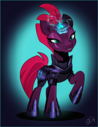 Size: 1200x1564 | Tagged: safe, artist:dsana, imported from derpibooru, fizzlepop berrytwist, tempest shadow, pony, unicorn, my little pony: the movie, armor, broken horn, eye scar, female, glowing horn, horn, mare, raised hoof, scar, smiling, solo, sparking horn