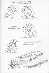 Size: 1162x1735 | Tagged: safe, artist:dilarus, deleted from derpibooru, imported from derpibooru, starlight glimmer, twilight sparkle, alicorn, pony, unicorn, sparkles! the wonder horse!, the cutie map, black and white, comic, dialogue, doodle, equal cutie mark, female, flying, grayscale, mare, monochrome, pencil drawing, sunglasses, traditional art, twilight sparkle (alicorn), vulgar