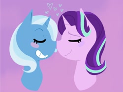 Size: 1922x1444 | Tagged: safe, artist:goldenflower2001, imported from derpibooru, starlight glimmer, trixie, pony, unicorn, blushing, duo, eyes closed, female, heart, lesbian, nuzzling, shipping, smiling, startrix