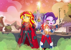 Size: 1024x728 | Tagged: safe, artist:pixelkitties, imported from derpibooru, starlight glimmer, sunset shimmer, human, equestria girls, aj styles, clothes, crossover, duo, gloves, john cena, motorcross, twilight's castle, wwe