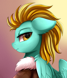 Size: 1722x2003 | Tagged: safe, artist:pridark, imported from derpibooru, lightning dust, pegasus, pony, bust, clothes, female, looking at you, looking back, looking back at you, mare, portrait, solo