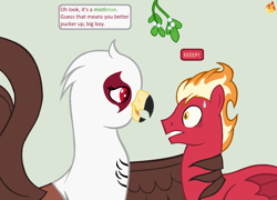 Size: 1278x918 | Tagged: safe, artist:peregrinstaraptor, imported from derpibooru, oc, oc only, oc:sunfyre, oc:talana bloodclaw, griffon, pegasus, pony, female, hug, male, mistletoe, stallion, winghug