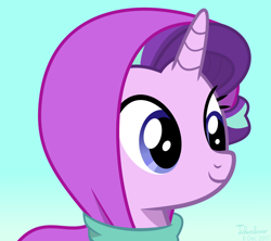 Size: 1000x886 | Tagged: safe, artist:tehwatever, imported from derpibooru, starlight glimmer, pony, unicorn, bust, clothes, cute, female, glimmerbetes, gradient background, headscarf, mare, portrait, scarf, signature, smiling, solo