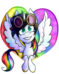 Size: 4000x5000 | Tagged: safe, artist:cosmicchrissy, imported from derpibooru, oc, oc only, oc:lightning bliss, alicorn, pony, alicorn oc, female, goggles, grin, heart, mare, rainbow hair, simple background, smiling, solo, spread wings, transparent background, wings